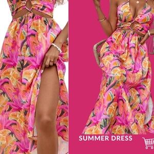 Floral Print Cross High Split Hem Halter Dress